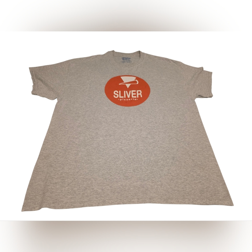 Gildan DryBlend Sliver Pizzeria Graphic Gray & Orange Men's T-Shirt Size XL